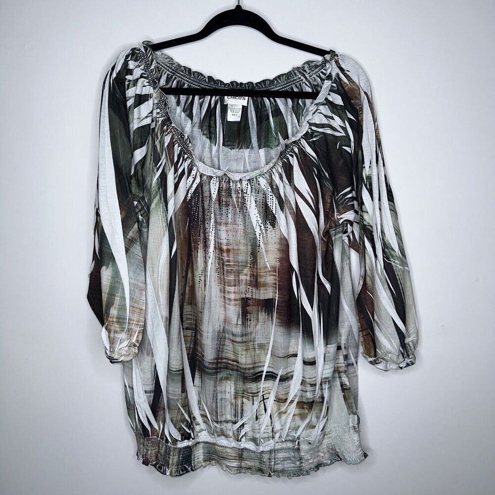 Chico’s Women’s Smocked Neck Abstract Flowy Blouse Rhinestone detail Size 3